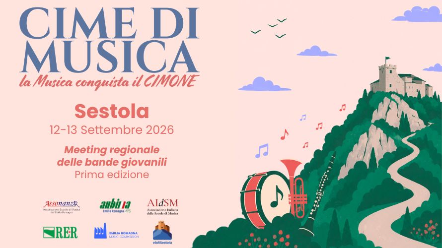 L’illustrazione del festival: la Rocca di Sestola, il bosco e gli strumenti musicali.
